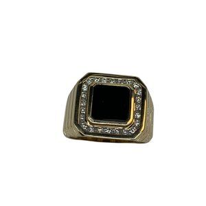 Mens round white Halo Diamond & Genuine Black Onyx Signet Ring 14K Yellow gold